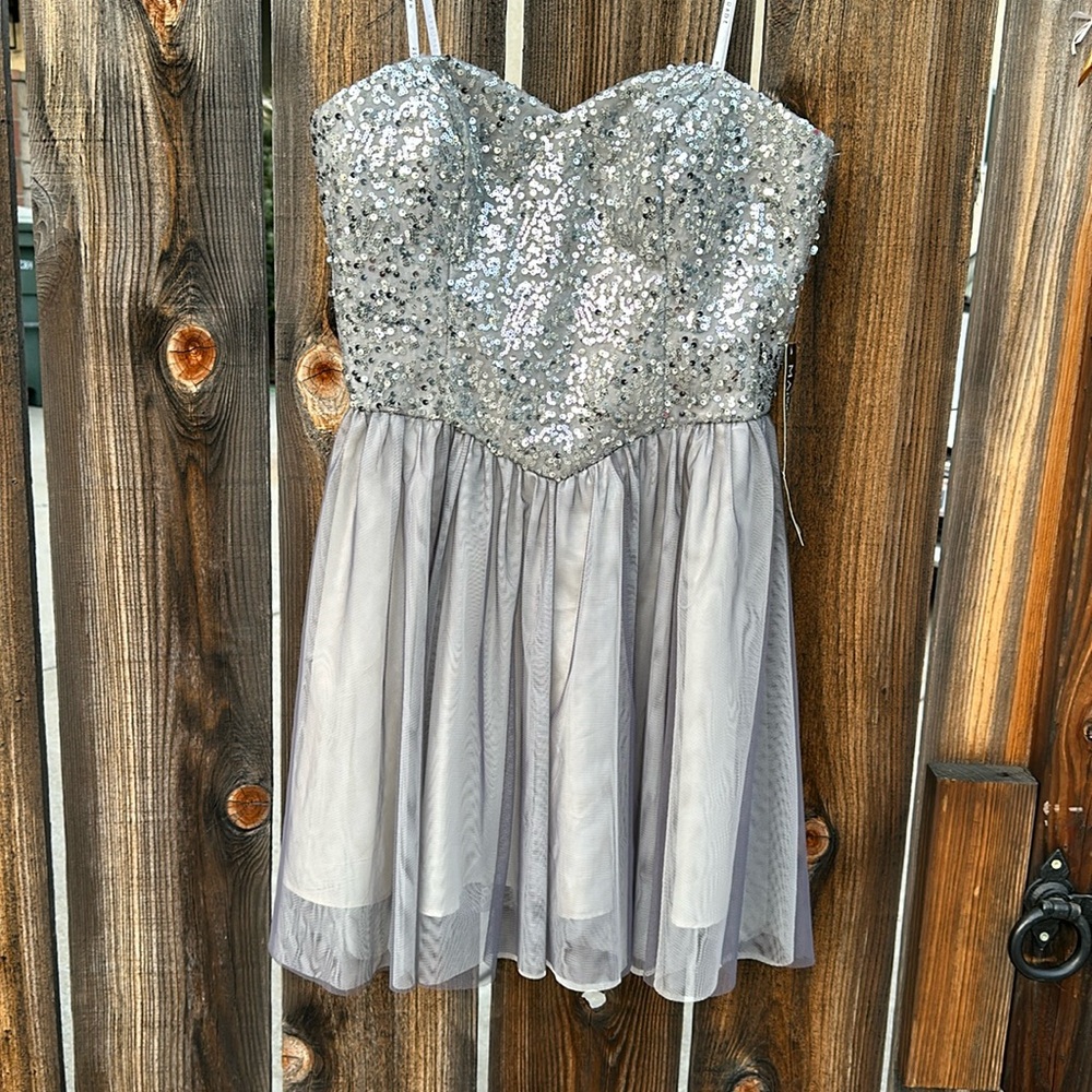 Silver strapless sparkly sequined dress with tulle bottom gorgeo  shirt length